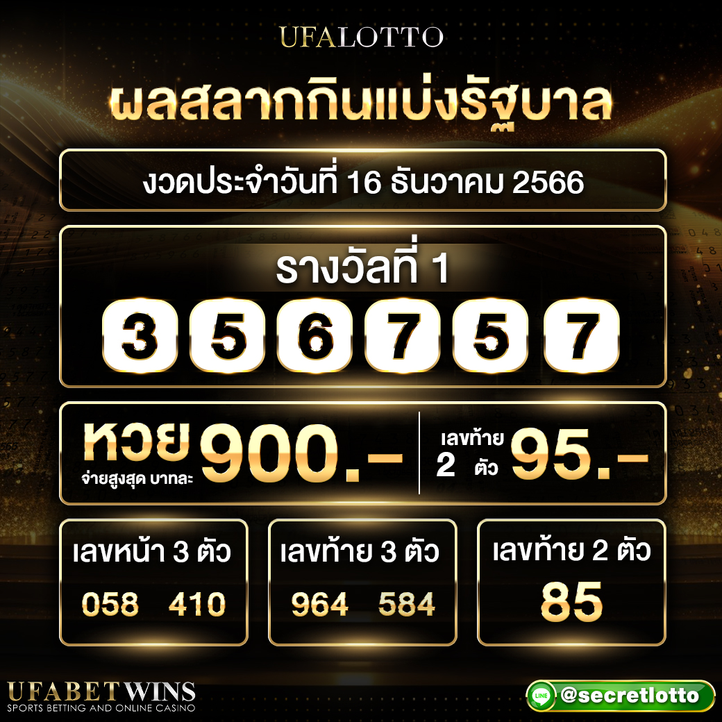 ผลสลากกินแบ่งรัฐบาล งวดประจำวันที่ 16 ธันวาคม 2566